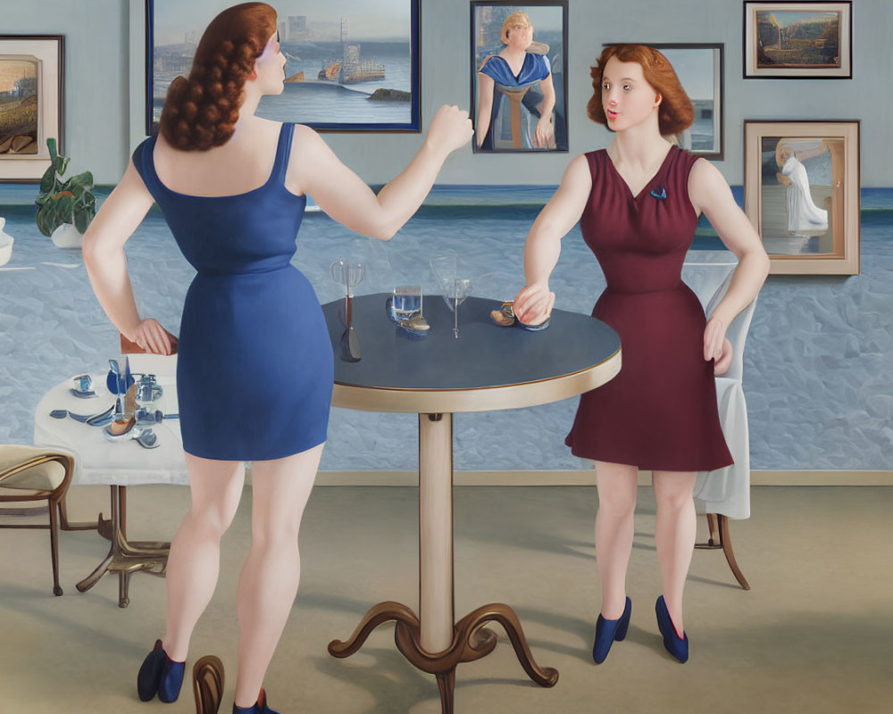 Artwork of two women in blue and red dresses in a room with seaside view and paintings.