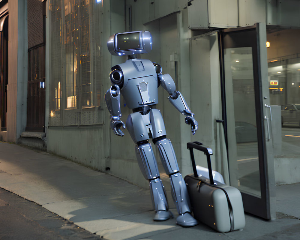 Futuristic humanoid robot with screen head next to suitcase on city sidewalk at dusk