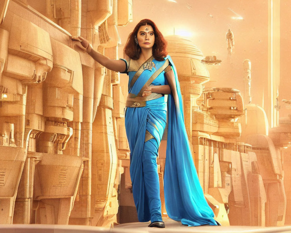 Woman in Blue Saree Poses Against Futuristic Cityscape