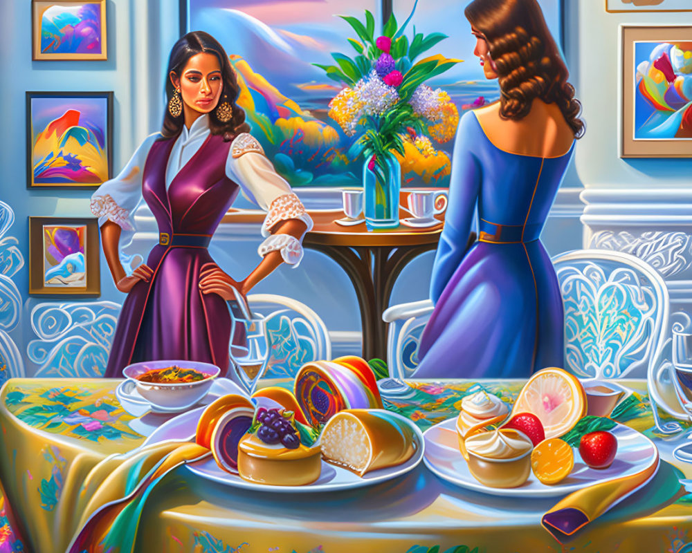 Elegantly dressed women by table with fruit, desserts, and flowers, vibrant landscape paintings in background