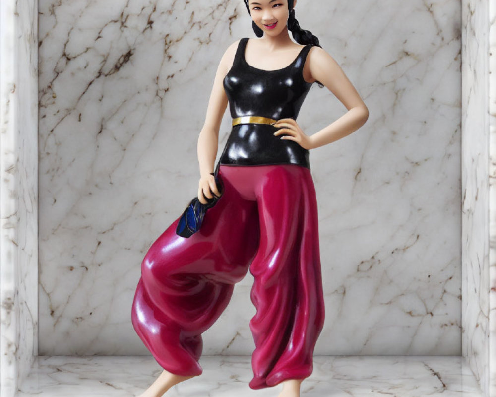 Smiling woman figurine in black tank top, gold belt, and pink harem pants on marble