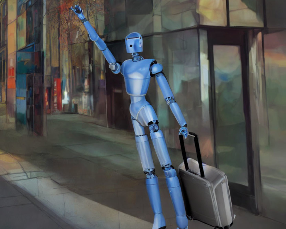 Sleek humanoid robot gesturing on sidewalk with suitcase