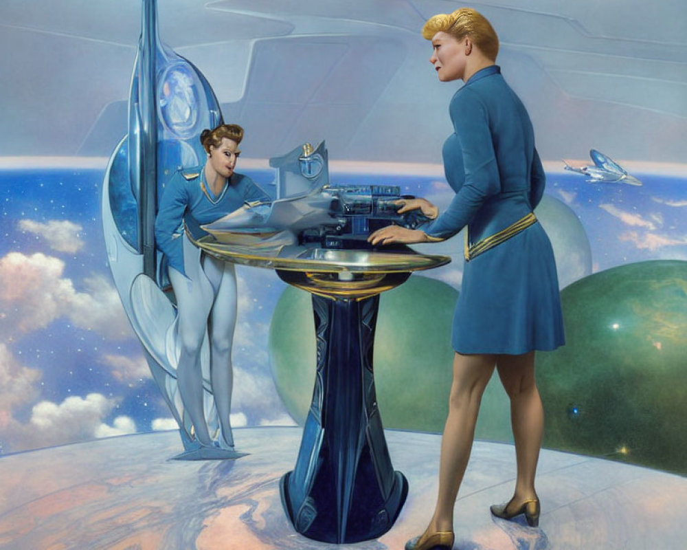 Two people in blue uniforms with futuristic technology on spaceship.