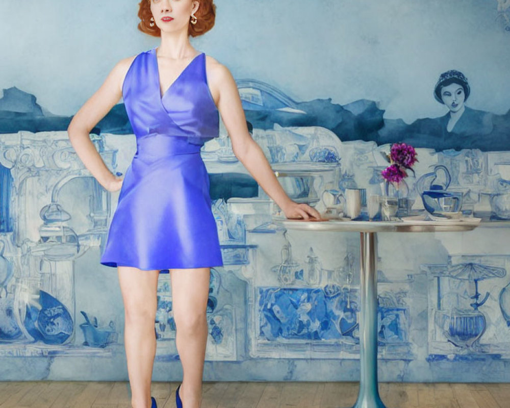 Woman in blue dress and heels by table with teacups in front of whimsical blue room mural