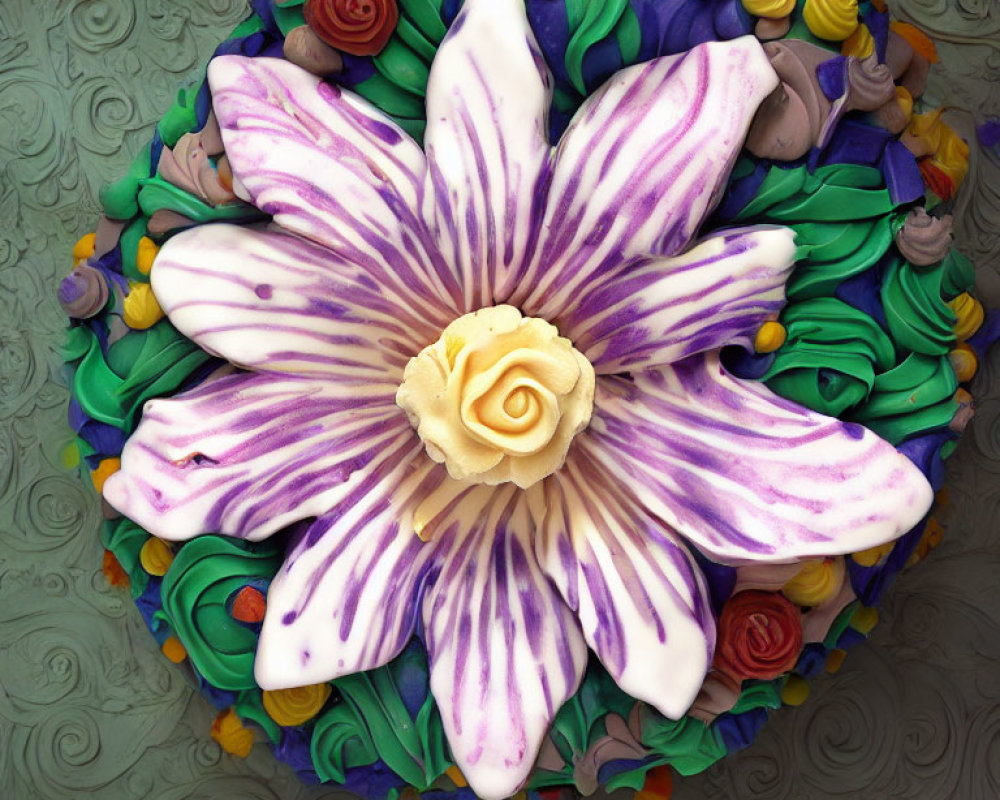 Vibrant floral cake with cream and purple flower, surrounded by multicolored frosting flowers.