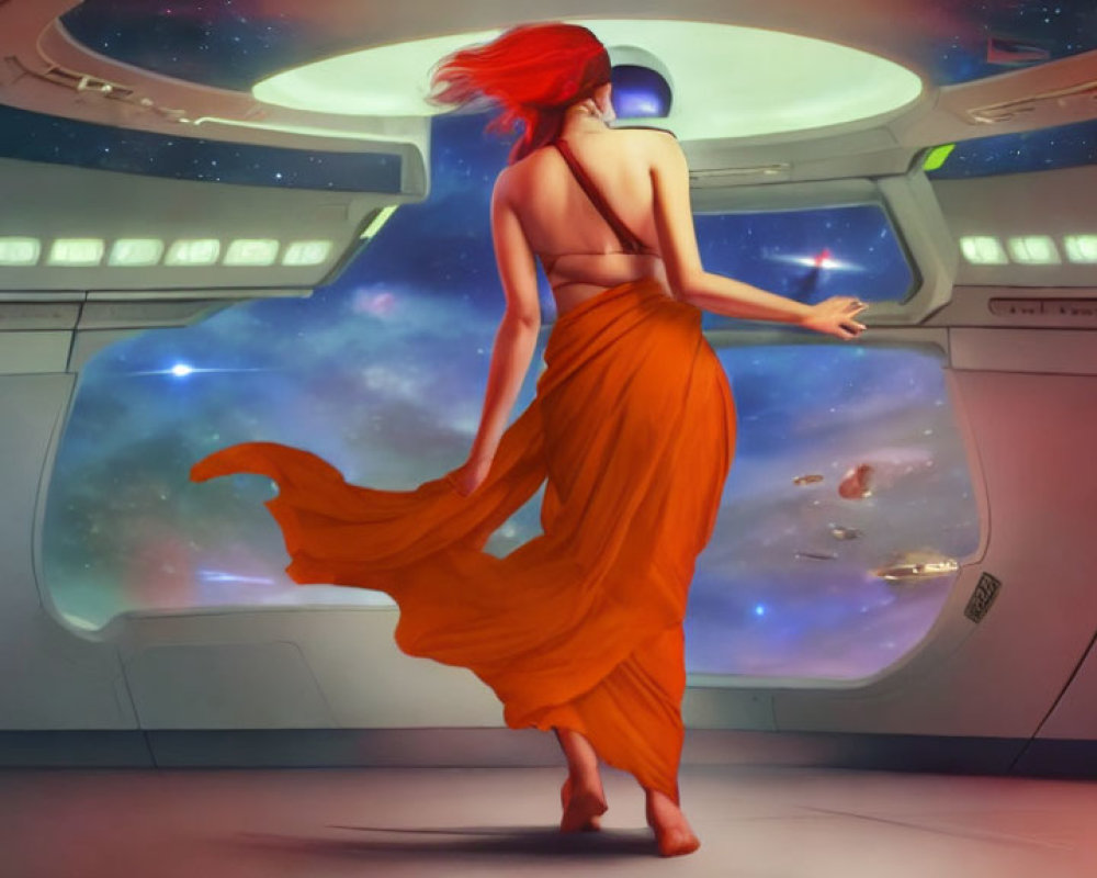 Red-haired woman in orange dress gazes out spaceship window at cosmic scene