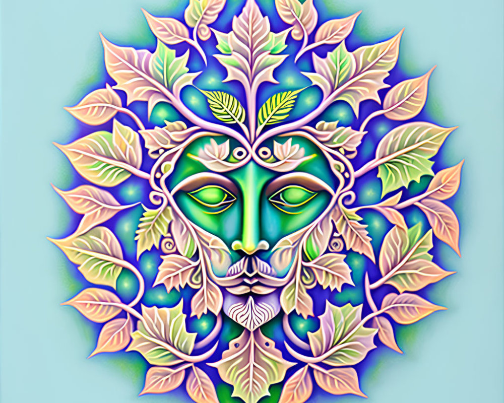 Green face surrounded by ornate leaves and petals in pastel hues