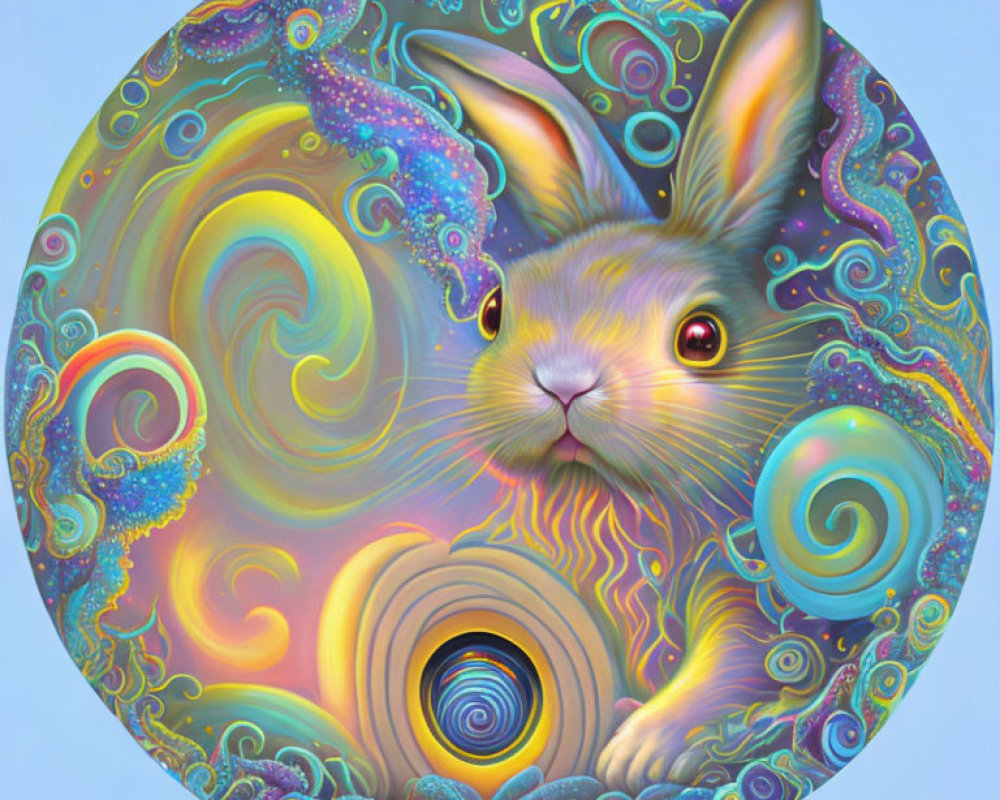 Colorful Psychedelic Rabbit Art on Soft Blue Background