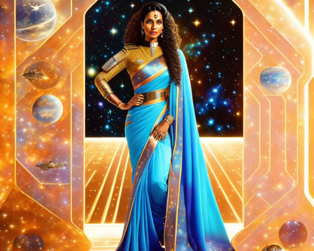 Stylized woman in futuristic blue-gold sari on cosmic background