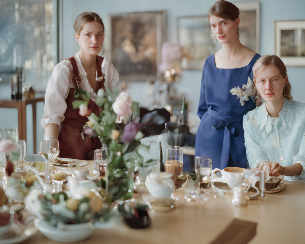 Vintage-inspired tea party with three women at elegantly set table