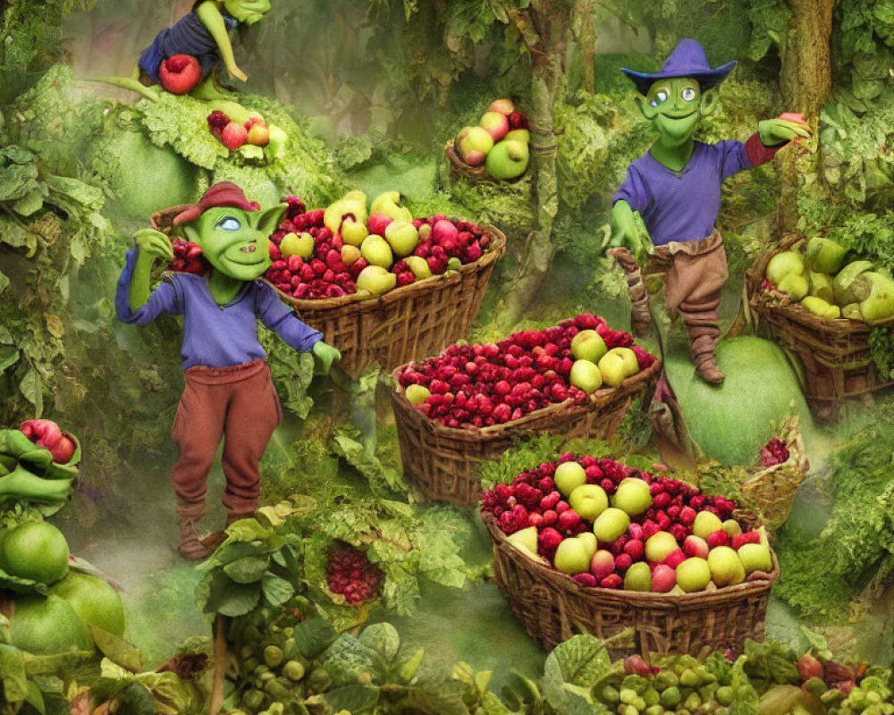 Fantasy forest scene: Two goblins sorting apples