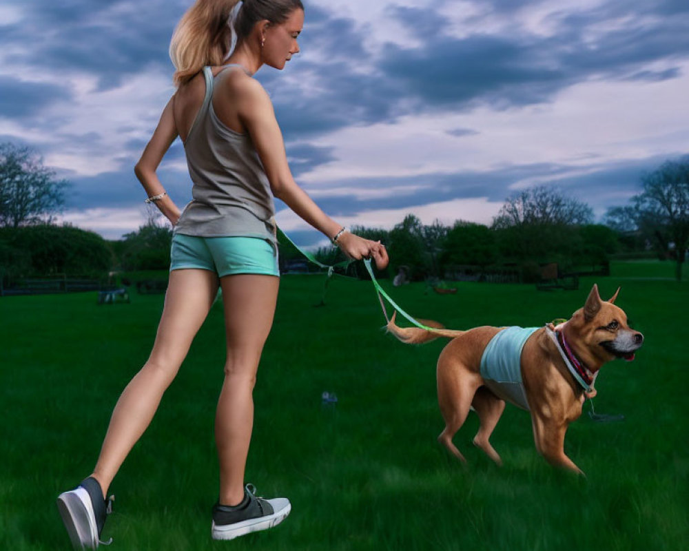 Athletic woman jogging with leashed dog in grassy park at dusk