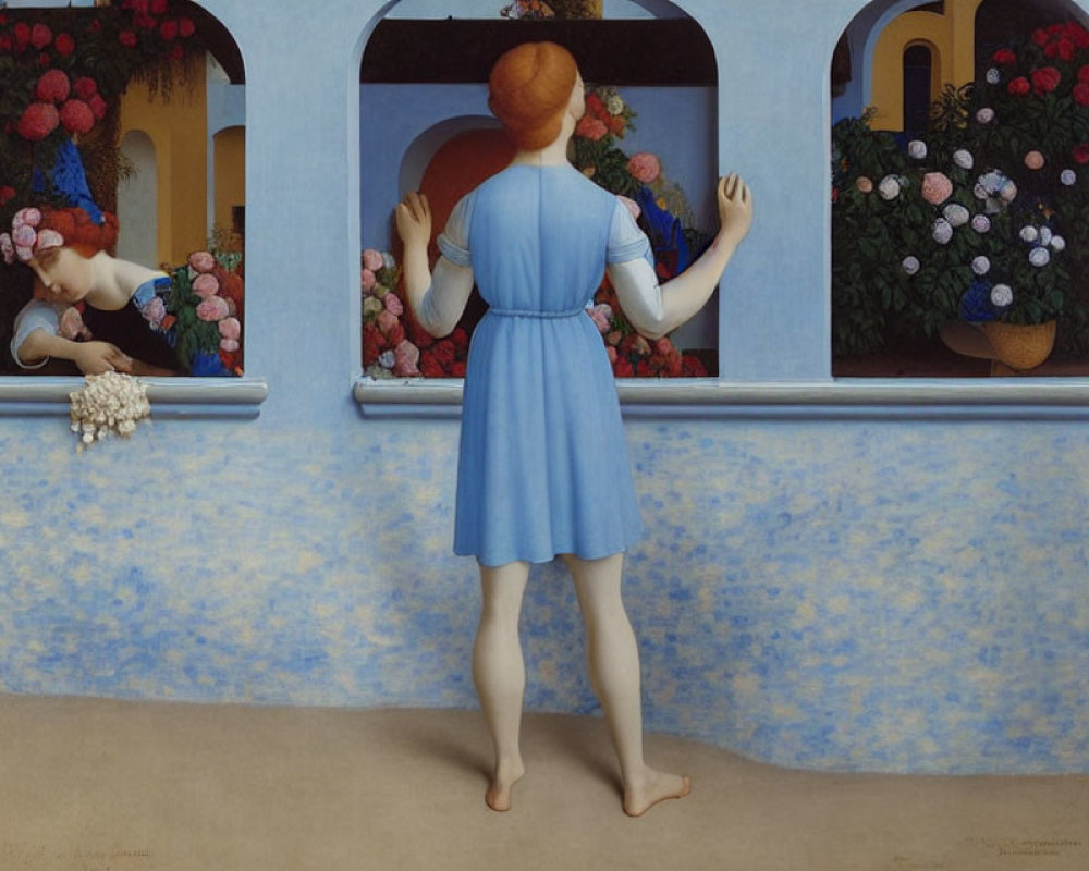 Surreal painting of woman in blue dress overlooking garden with figure arranging flowers