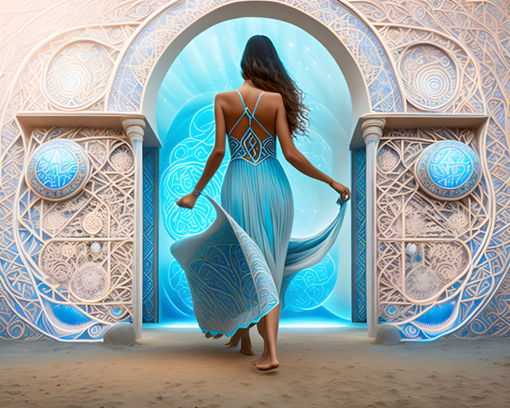 Woman in Blue Dress Stands by Ornate Gate Emitting Blue Light