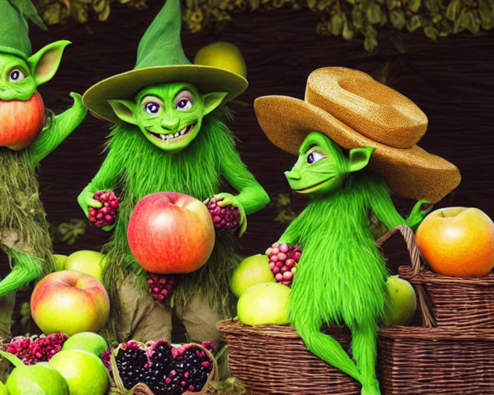 Cartoonish green goblins with apples in rustic fruit setting