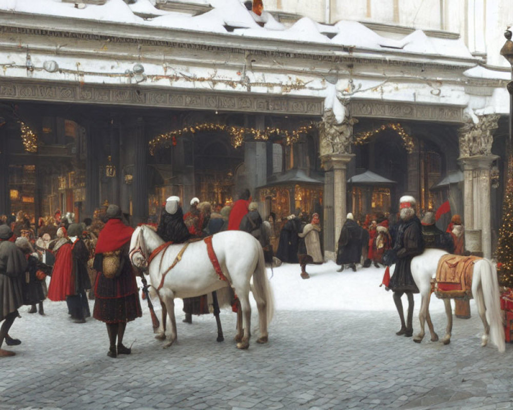 Snow-covered European market square with people in period attire and festive decorations