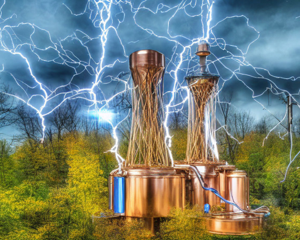 Copper distillery equipment with lightning bolts in forest