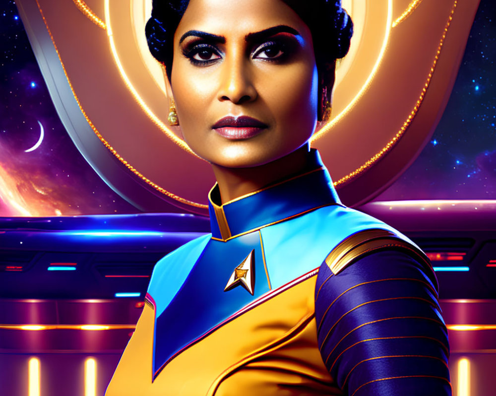 Futuristic woman in blue and gold uniform with star emblem on space-themed background