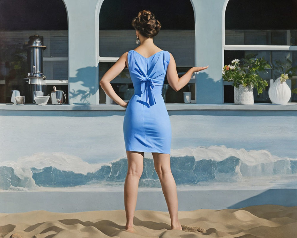 Woman in blue dress at beach cafe counter with coffee items and flowers