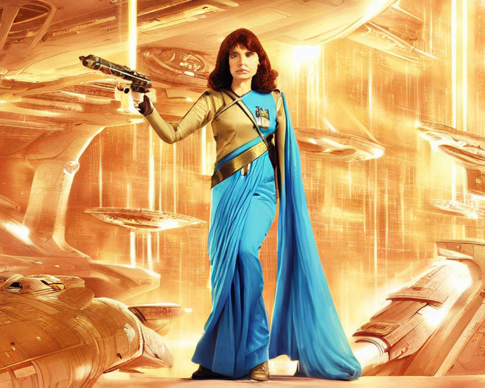 Futuristic woman in costume with blaster near golden spacecraft structures