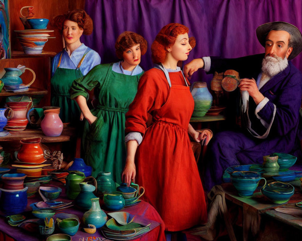 Four classical potters surrounded by vibrant handcrafted pottery in various shapes and colors