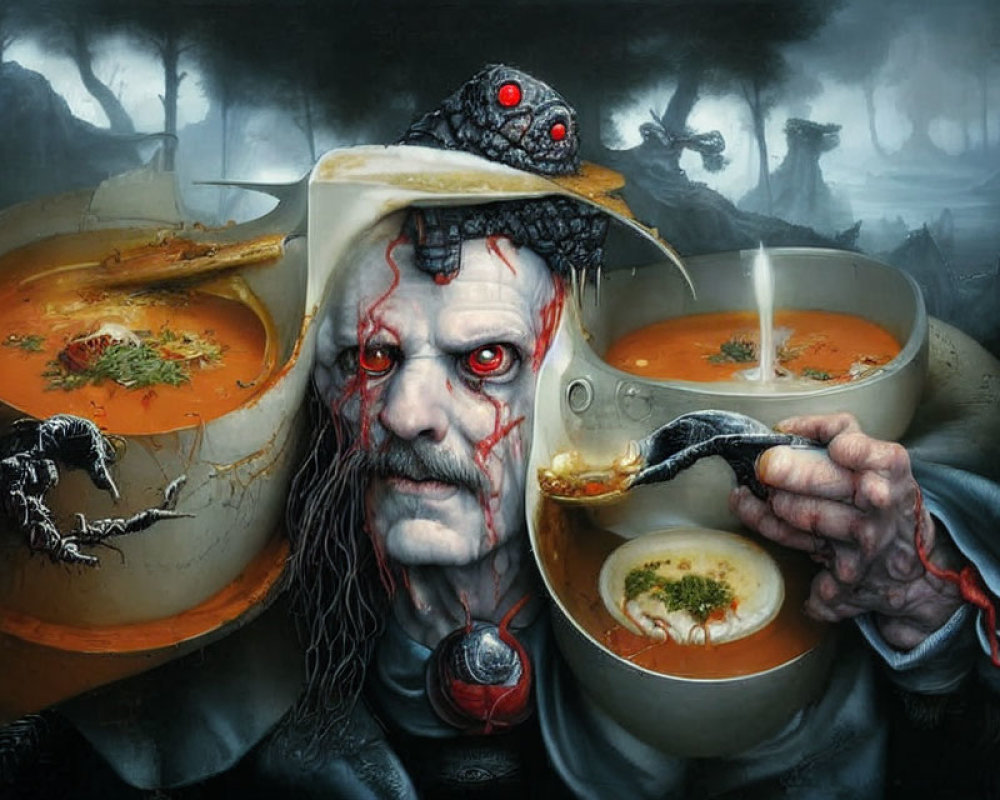 Surreal artwork of pale figure eating soup with red markings and red-eyed creature