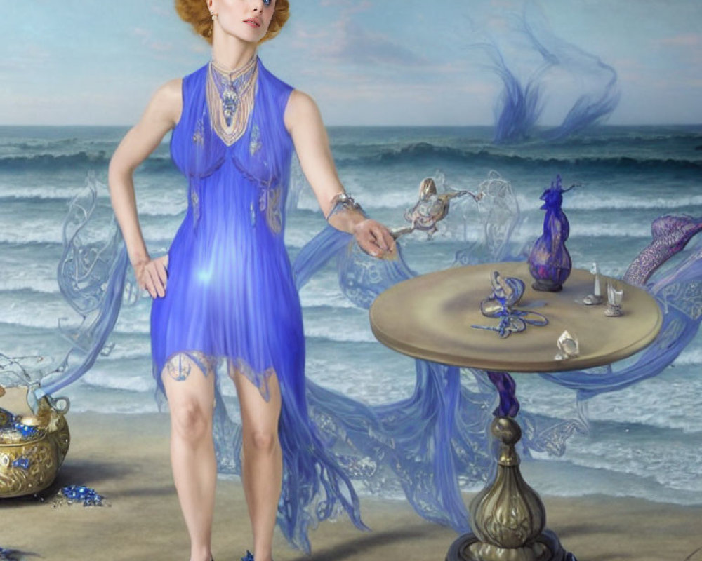 Woman in Blue Dress by Table with Ocean Background and Whimsical Smoke Figures