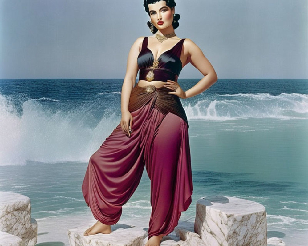 Vintage Maroon Dress Woman Poses on Stone Blocks with Ocean Backdrop