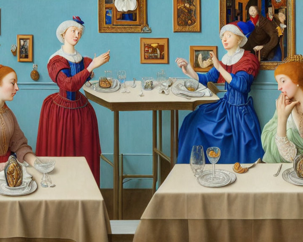 Four Women in Renaissance Clothing at Tables with Glassware in Art-Filled Room