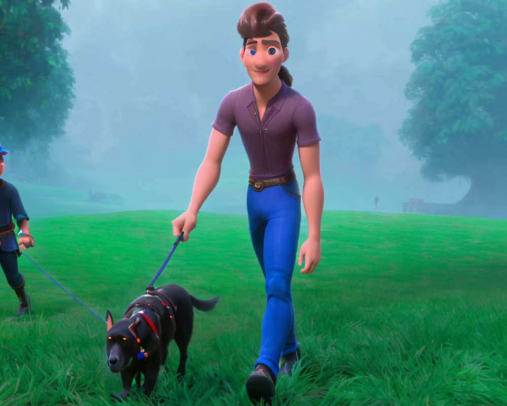 Stylized animated character in purple shirt walking black dog in foggy park