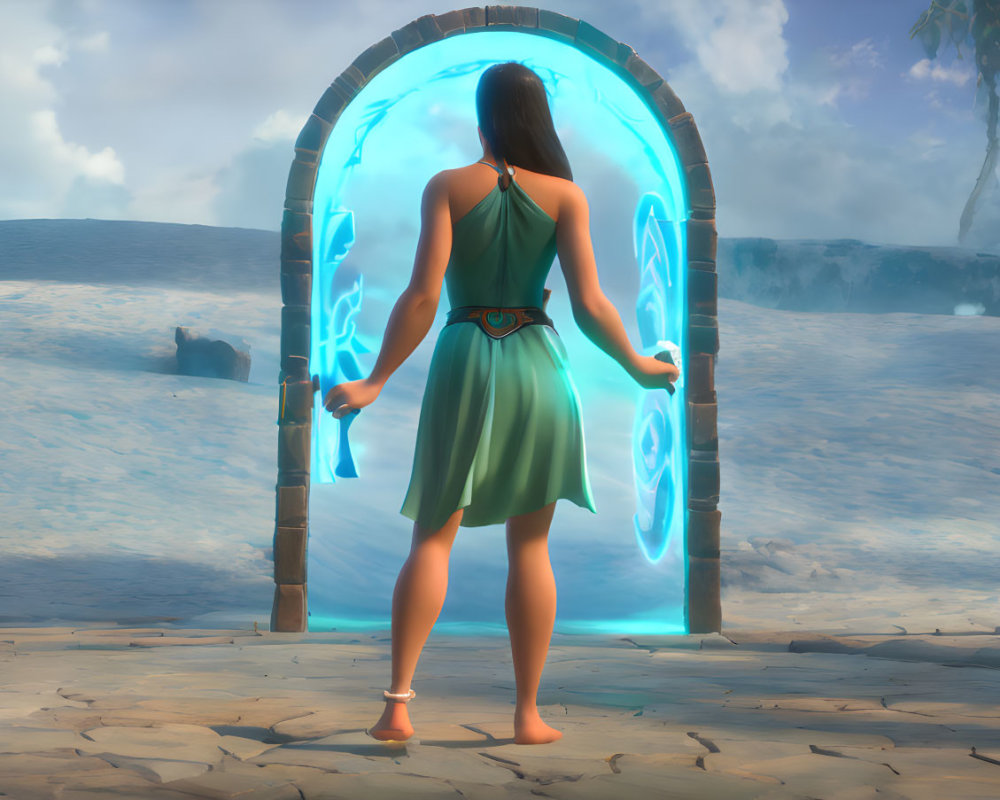 Woman in Green Dress Stands by Glowing Blue Portal on Sandy Surface