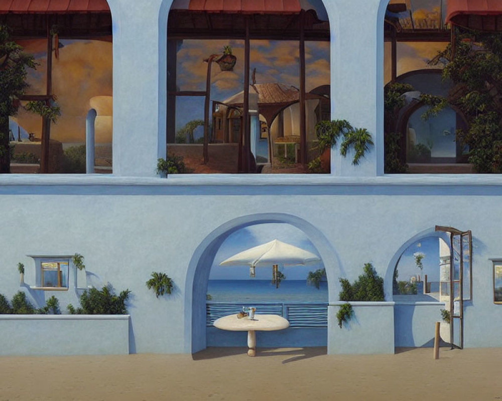 Surreal painting featuring arched windows and beach reflection