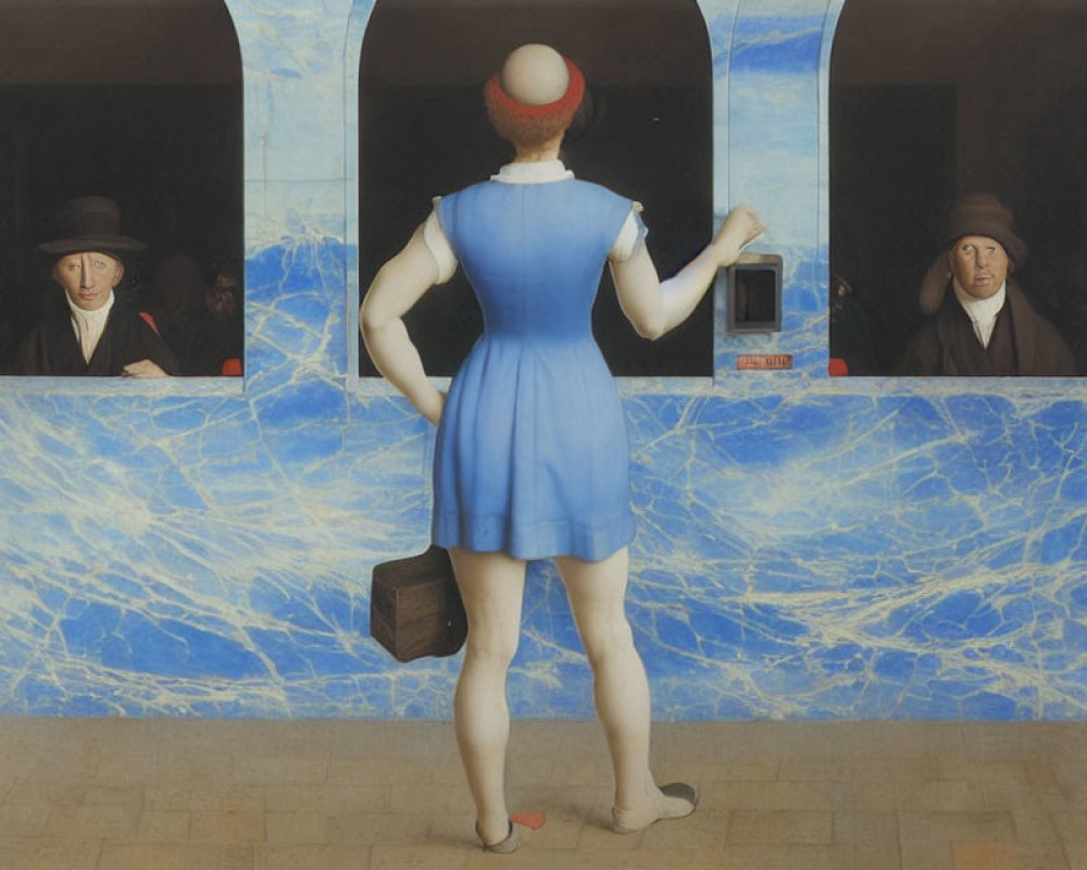 Person in Blue Dress and Bowler Hat Standing Before Wall with Three Windows