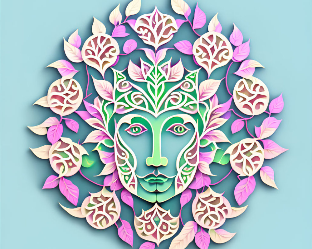 Pastel-colored paper art illustration of serene person amidst ornate leaf patterns