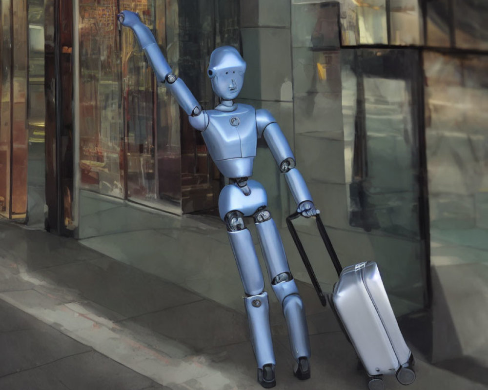 Humanoid robot with suitcase hailing cab in urban scene