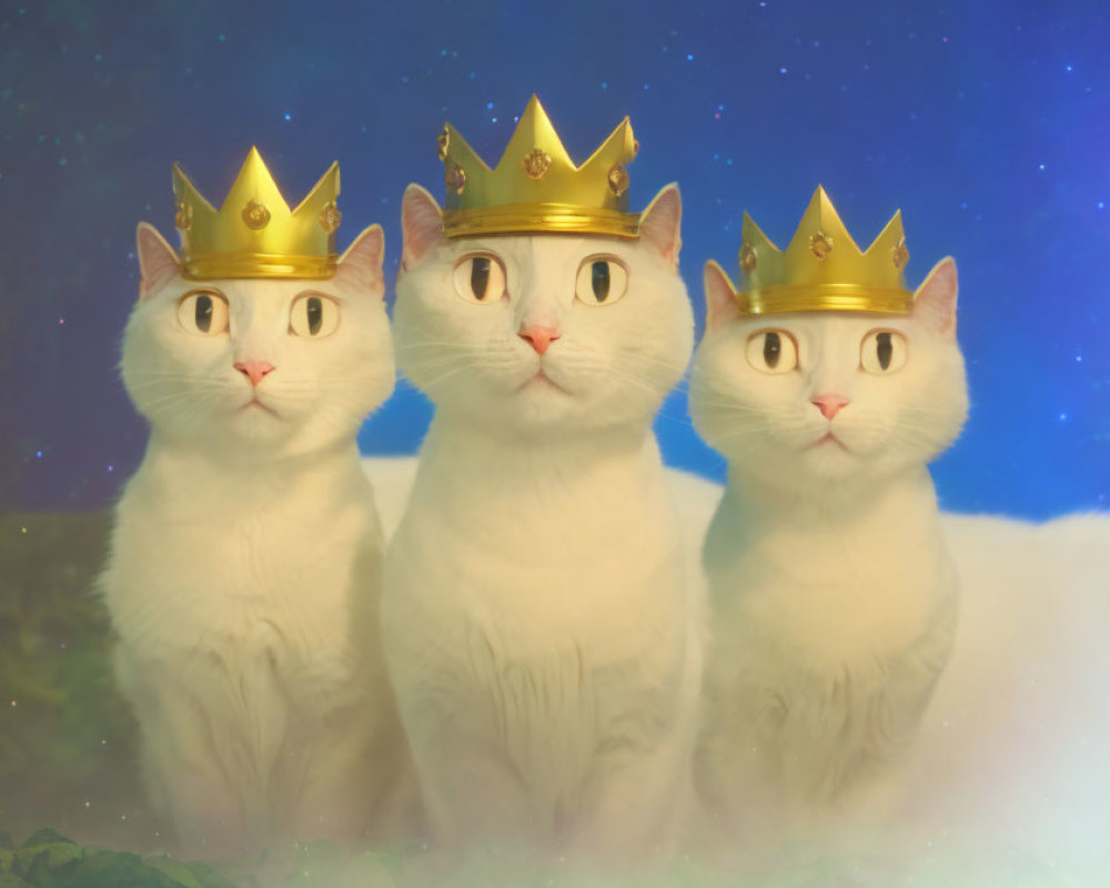 Three White Cats with Golden Crowns in Cosmic Setting