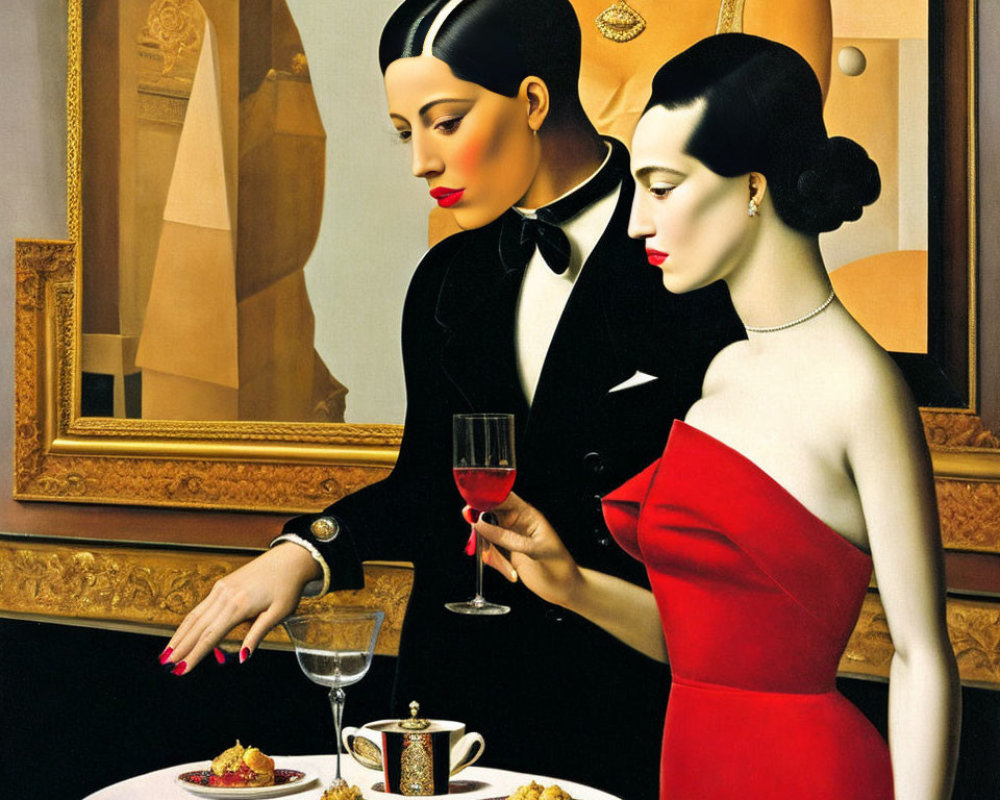 Surreal painting of stylish figures in room with wine glass and framed picture