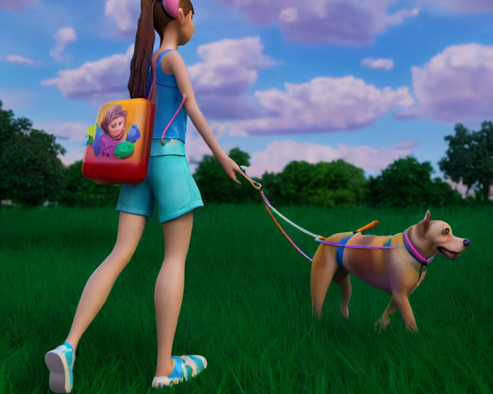 Girl with ponytail walking dog in grassy field