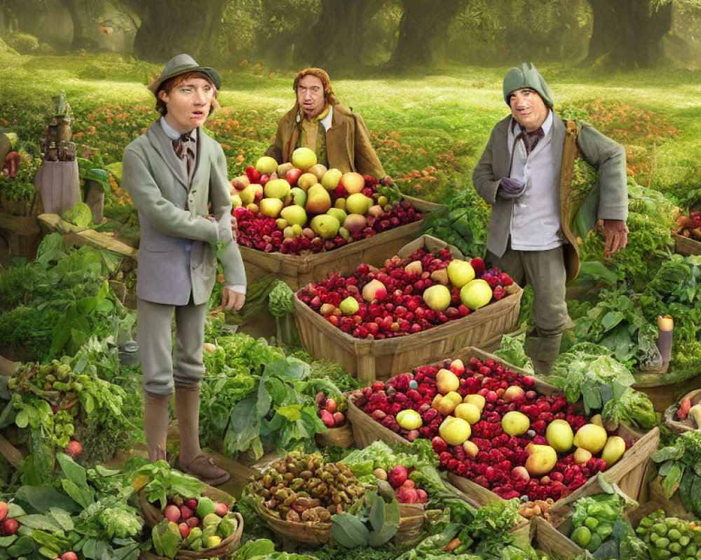 Three individuals sorting apples in lush orchard setting.