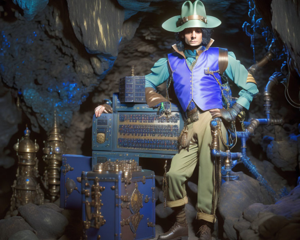 Vintage Outfit with Wide-Brimmed Hat in Cave Setting Holding Adorned Chest