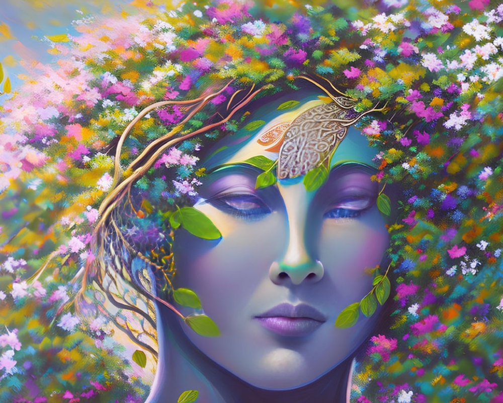 Surreal portrait with vibrant flowers and leaves intertwined