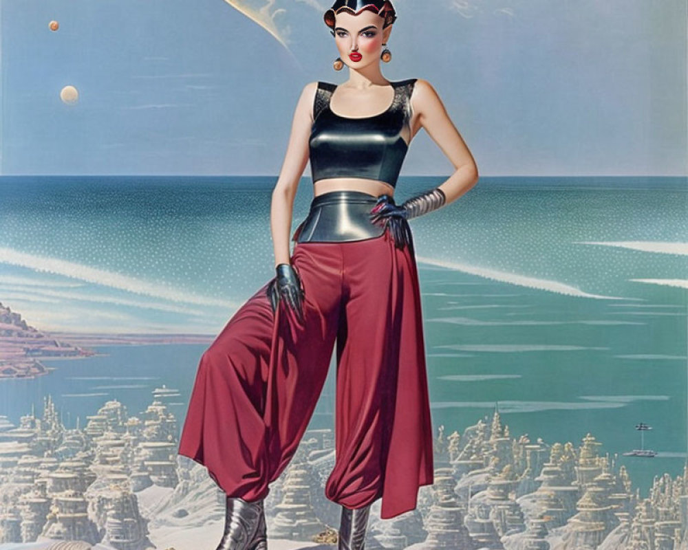 Stylized image of woman in futuristic attire against fantasy cityscape