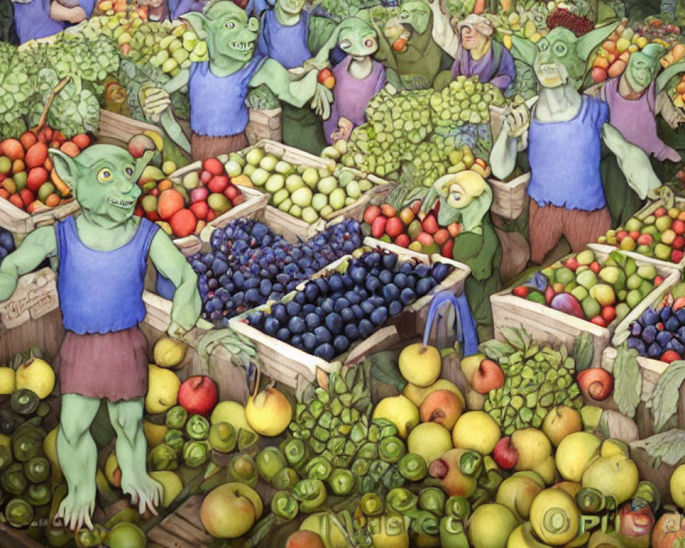 Fantasy illustration: goblin creatures sell colorful fruits