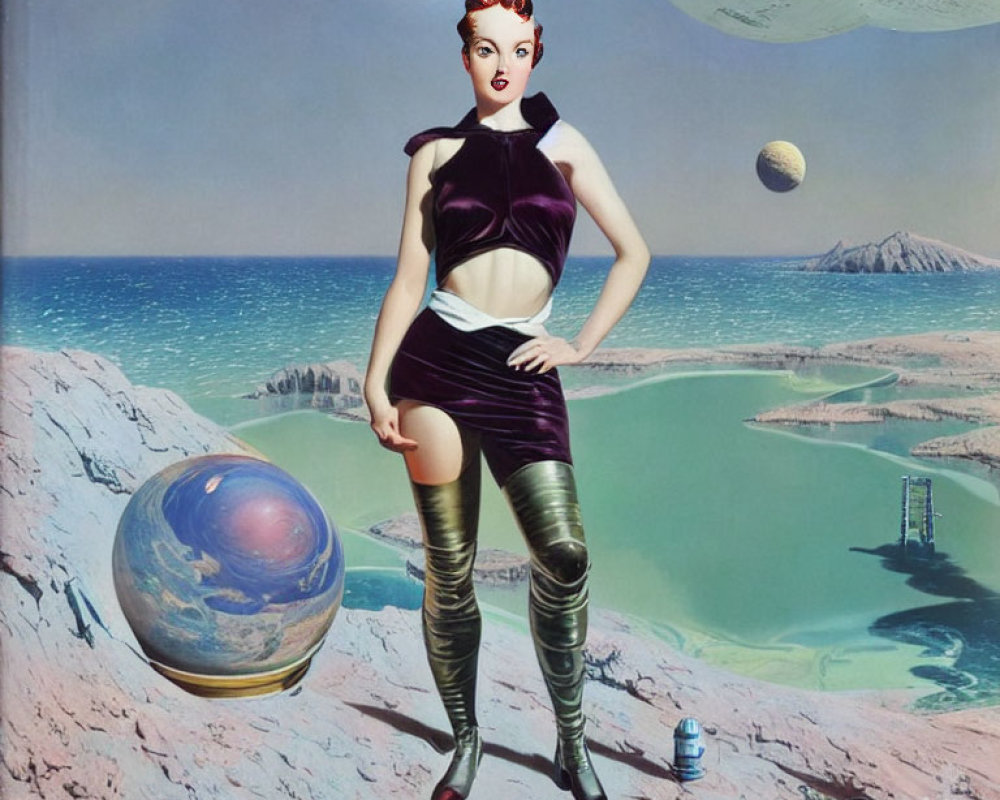 Vintage-style sci-fi illustration: Woman in futuristic attire with planets, spaceship, surreal landscape.