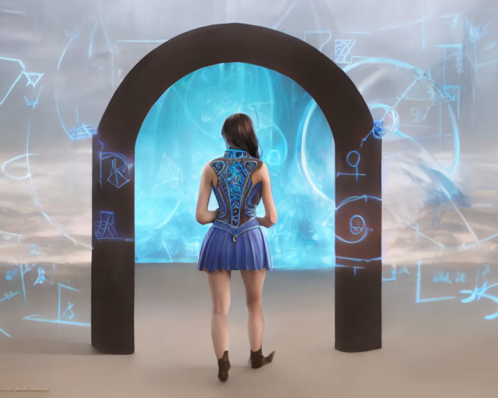 Figure in Blue Outfit Gazes at Mystical Archway with Swirling Blue Portal