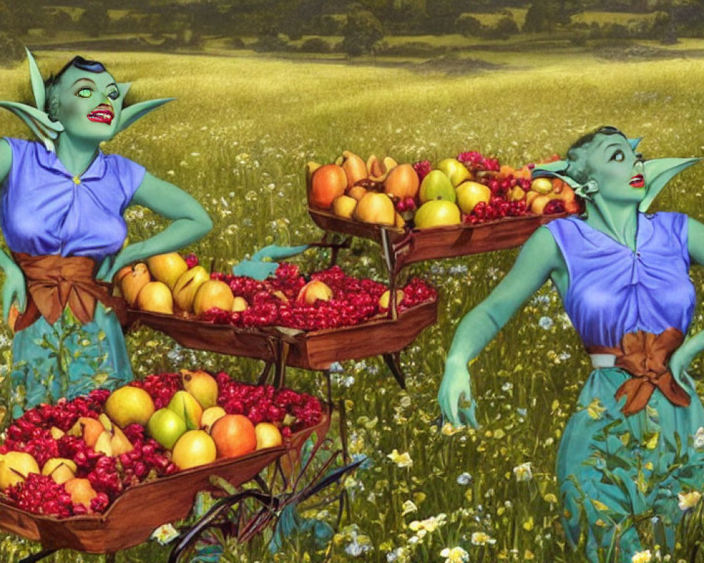 Green-Skinned Characters at Fruit Stands in Meadow