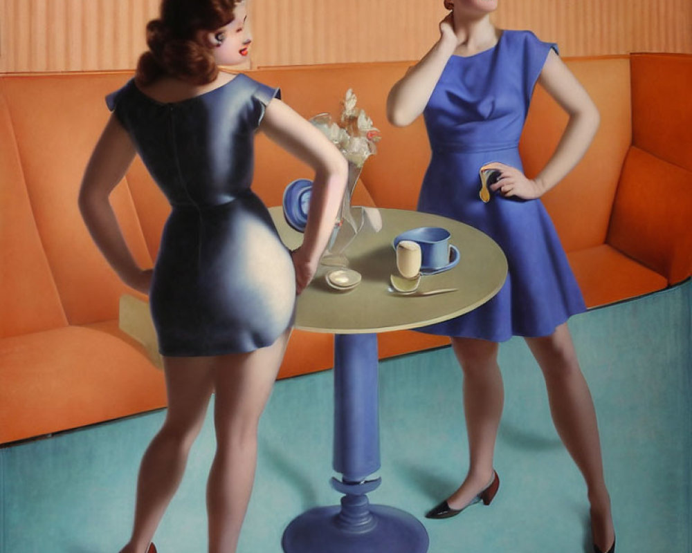 Stylized women in blue dresses chatting in room with orange walls