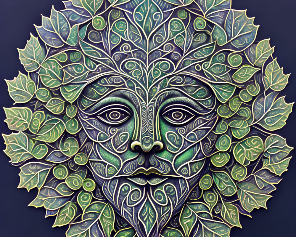 Stylized green man's face with leaf patterns on dark background