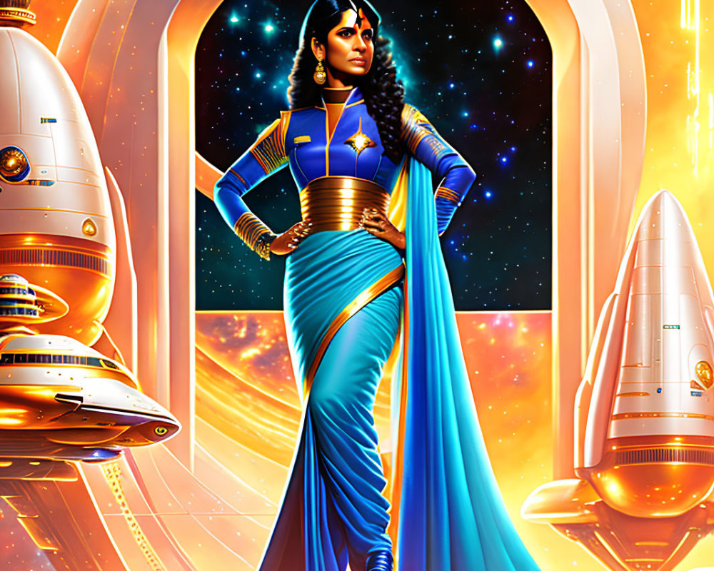 Futuristic woman in blue and gold uniform on spaceship corridor with cosmos view