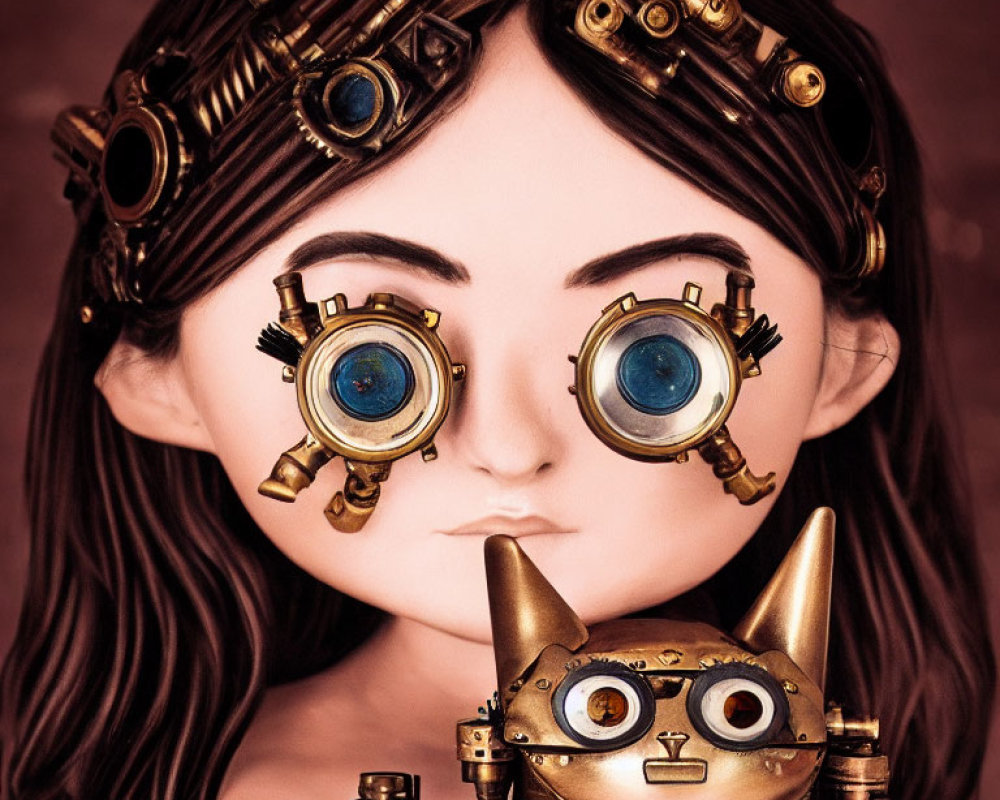 Steampunk-themed woman holding metallic cat figure with blue eyes